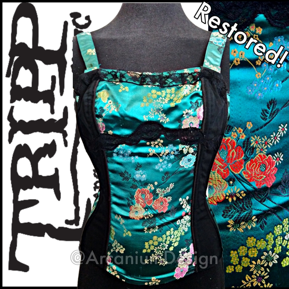 Tripp Corset Mall Goth Vintage Gothic Witchy Fairycore Punk Pinup Teal Brocade